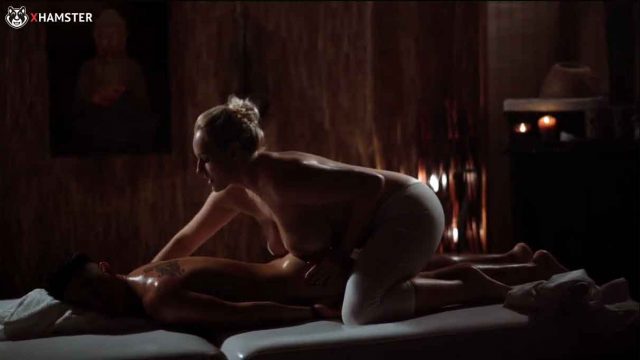 Gorgeous hot blonde masseuse with huge breasts gives erotic massage
